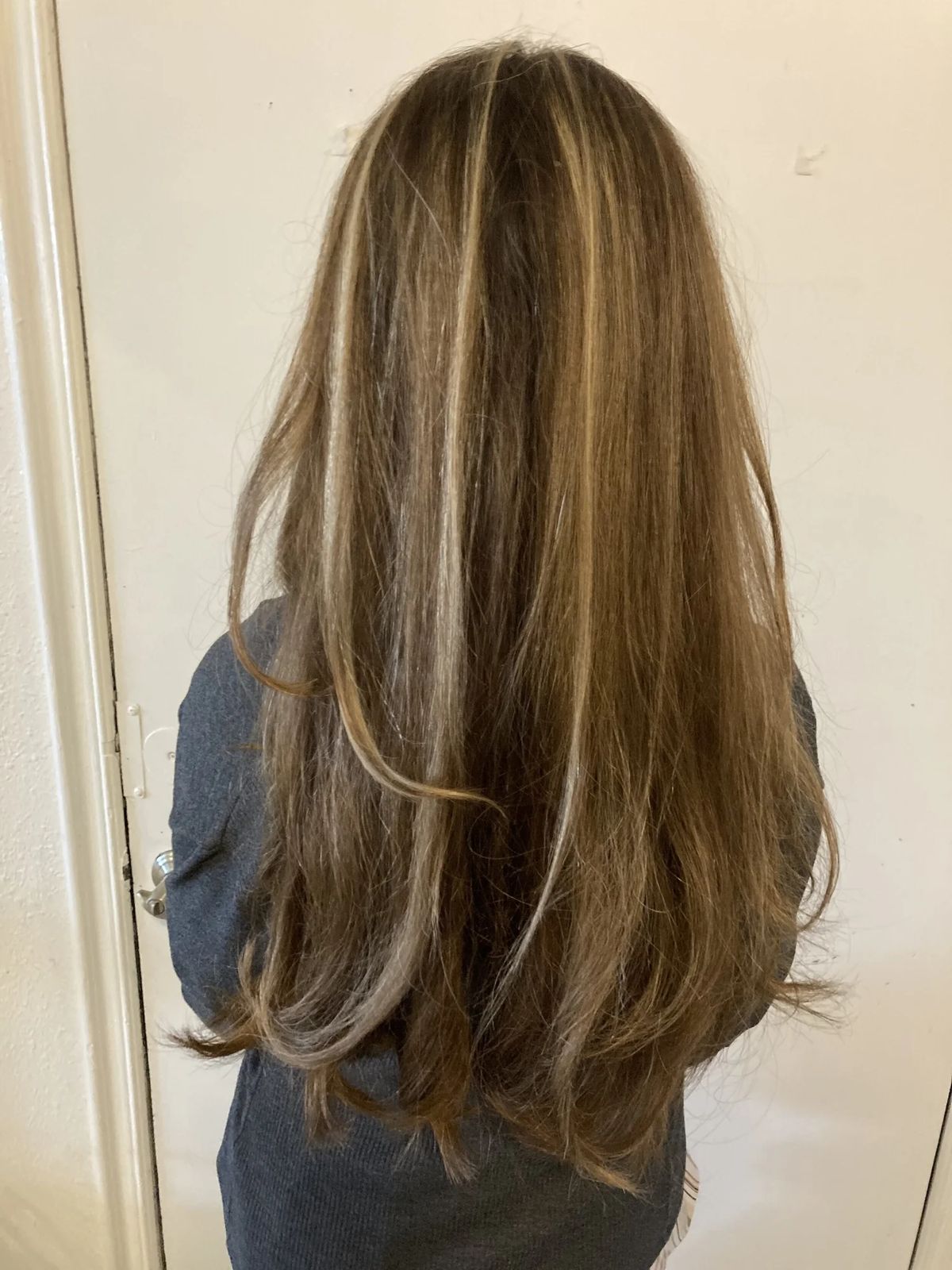 Long straight hair with blonde highlights