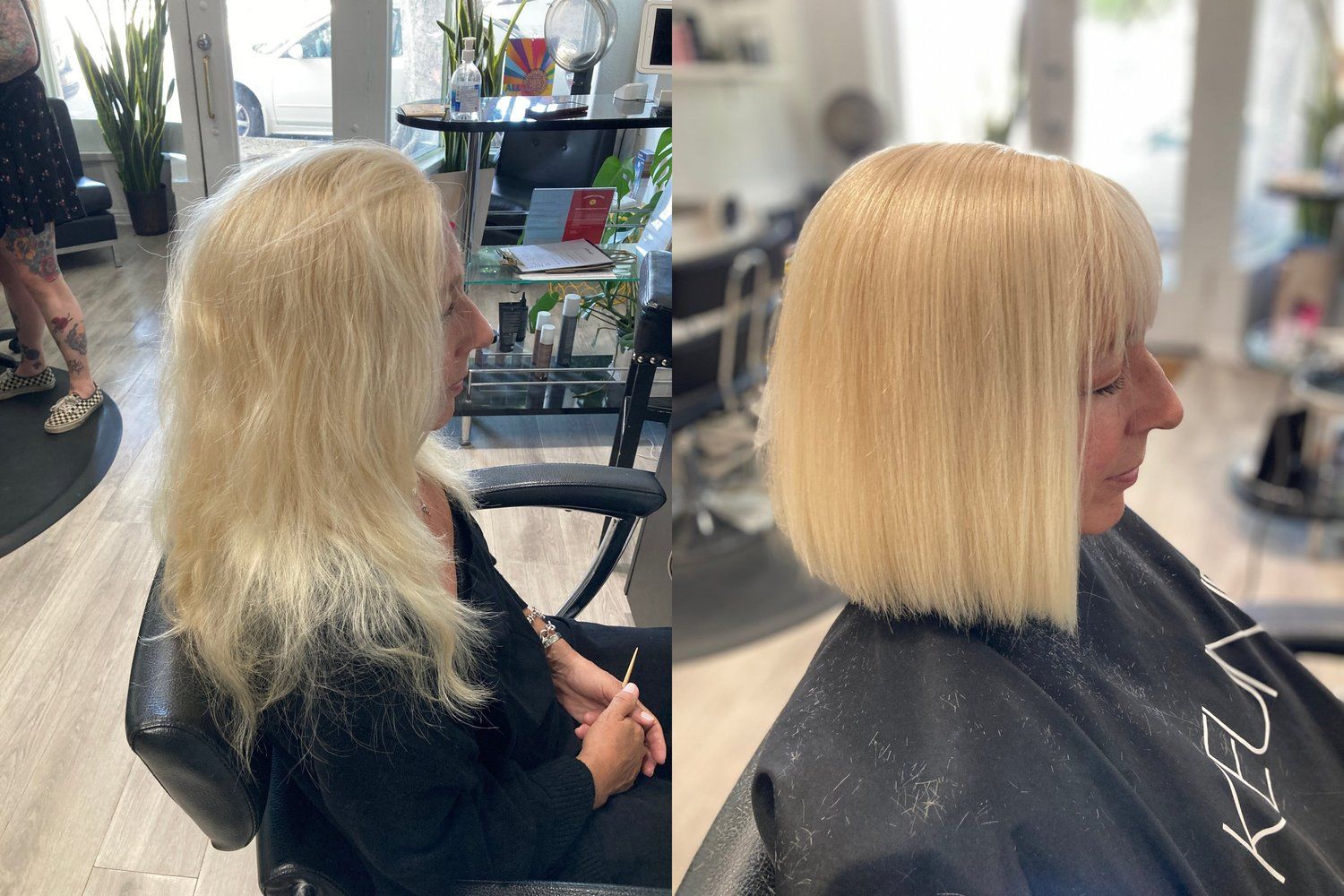 Before and after: long blonde reshaped into a platinum blunt bob