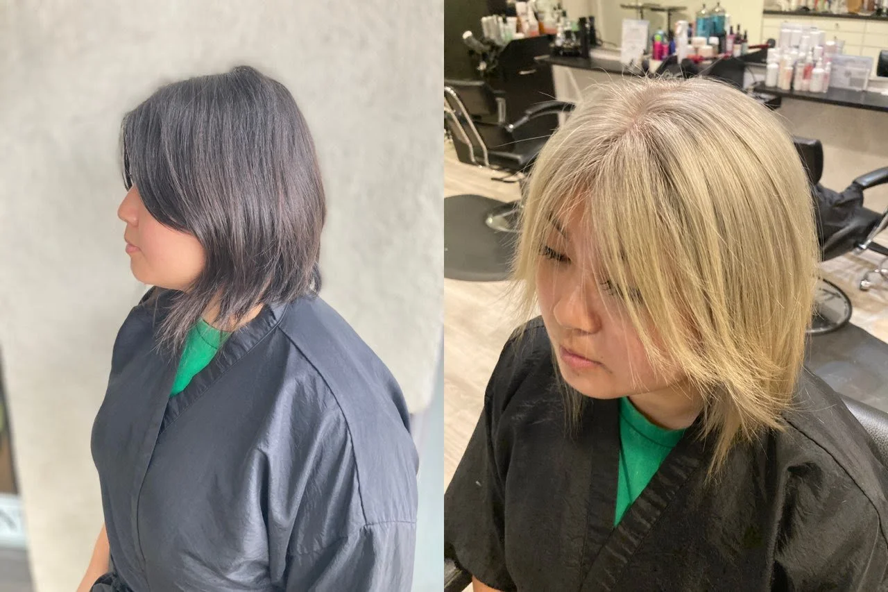 Before and after: smoky purple corrected to a bright layered blonde