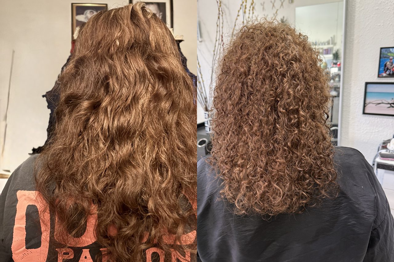 Before and after: loose waves transformed into a defined spiral perm by Sana Lim in Pasadena